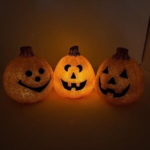 Lot Of 3 VTG Halloween Melted Plastic Popcorn Light Up Jack O Lanterns Seasons